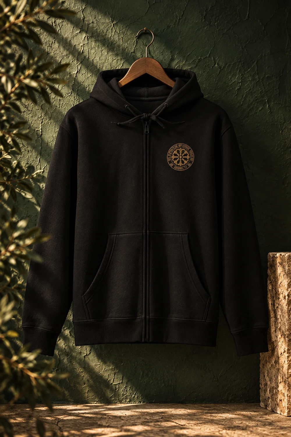 Black Gold Seal hoodie on a wooden hanger against a muted green wall